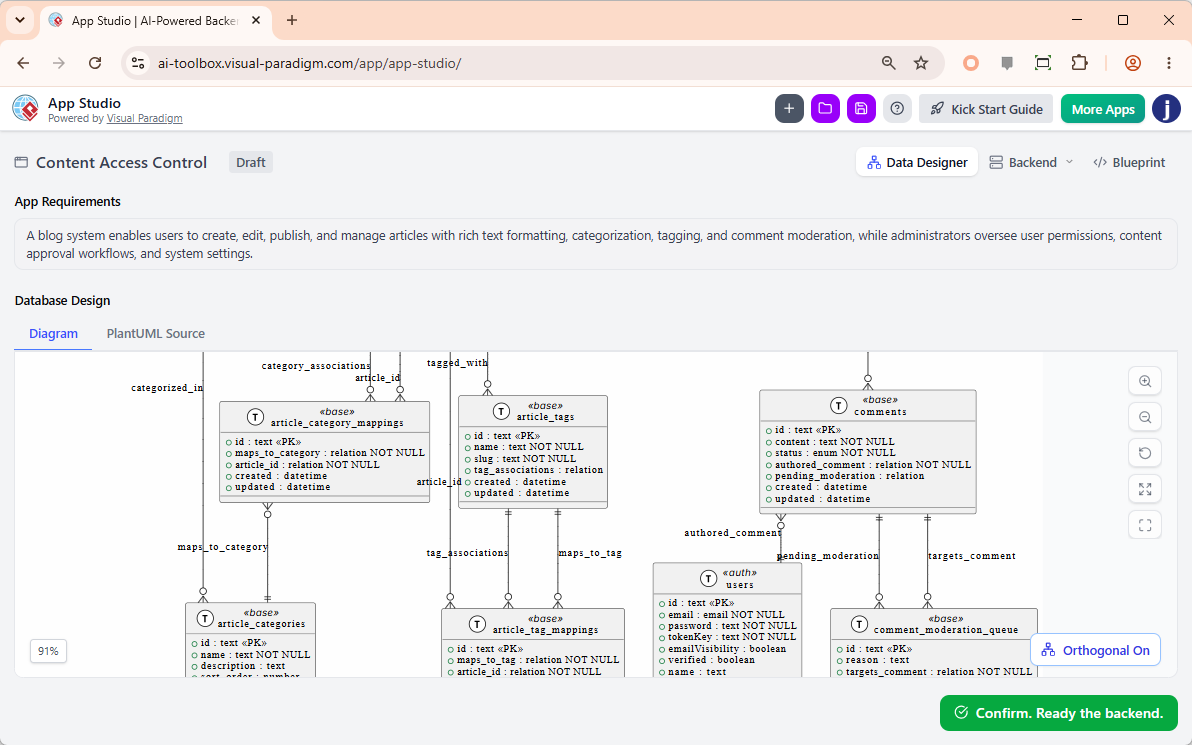 OpenDocs interface showing the integrated diagram editor with a sample Activity Diagram featuring actions, decisions, and flow connectors.