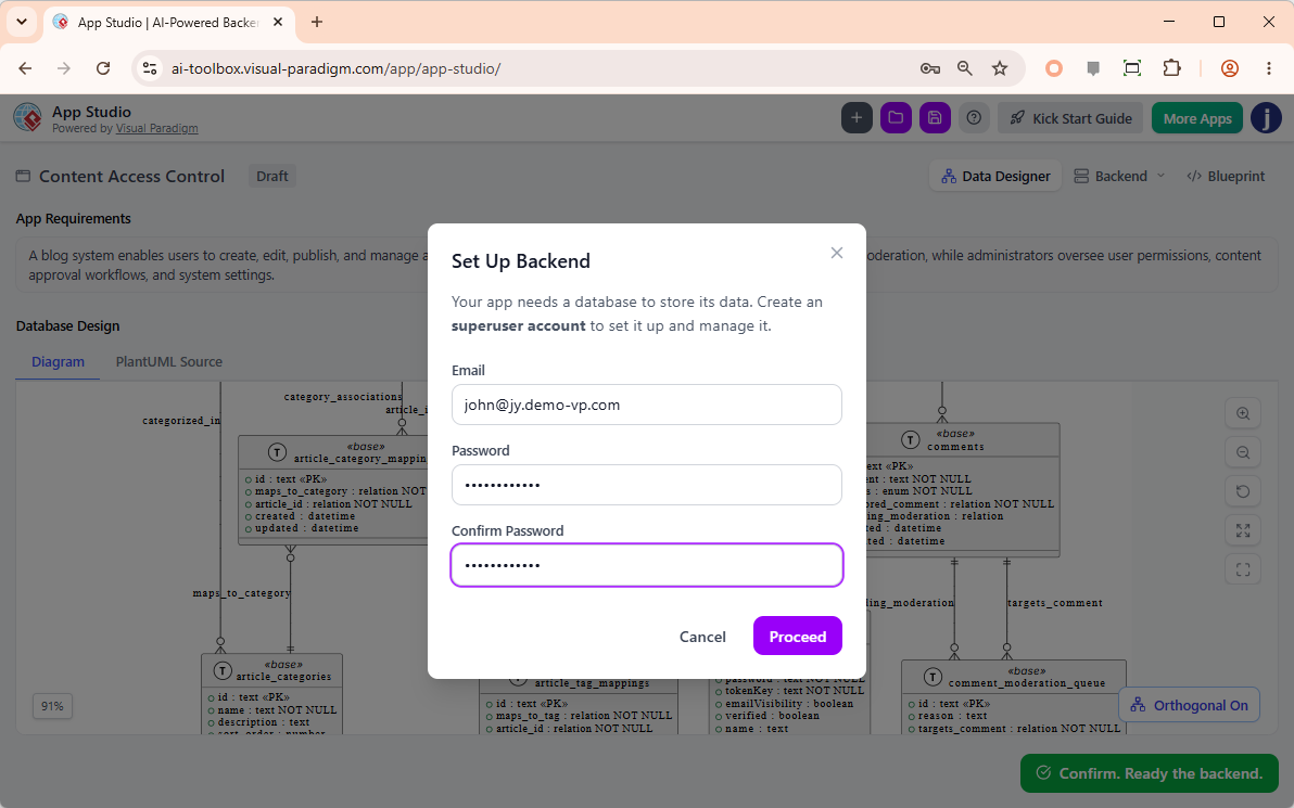 OpenDocs interface showing the integrated diagram editor with a sample Activity Diagram featuring actions, decisions, and flow connectors.