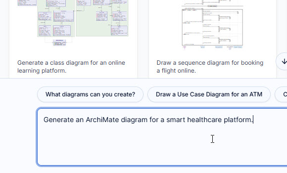 An enterprise architect interacting with the AI ArchiMate diagram tool's chat interface to generate an ArchiMate diagram from a text prompt.
