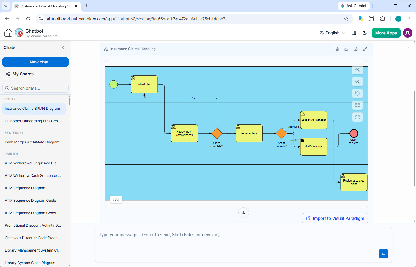 AI Chatbot generating a BPMN Business Process Diagram