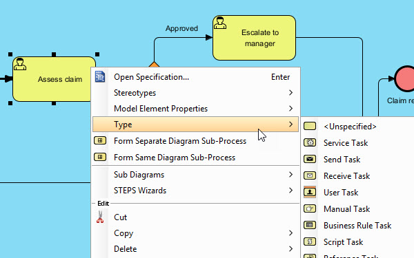 Editing a BPMN Business Process Diagram in Visual Paradigm Desktop.