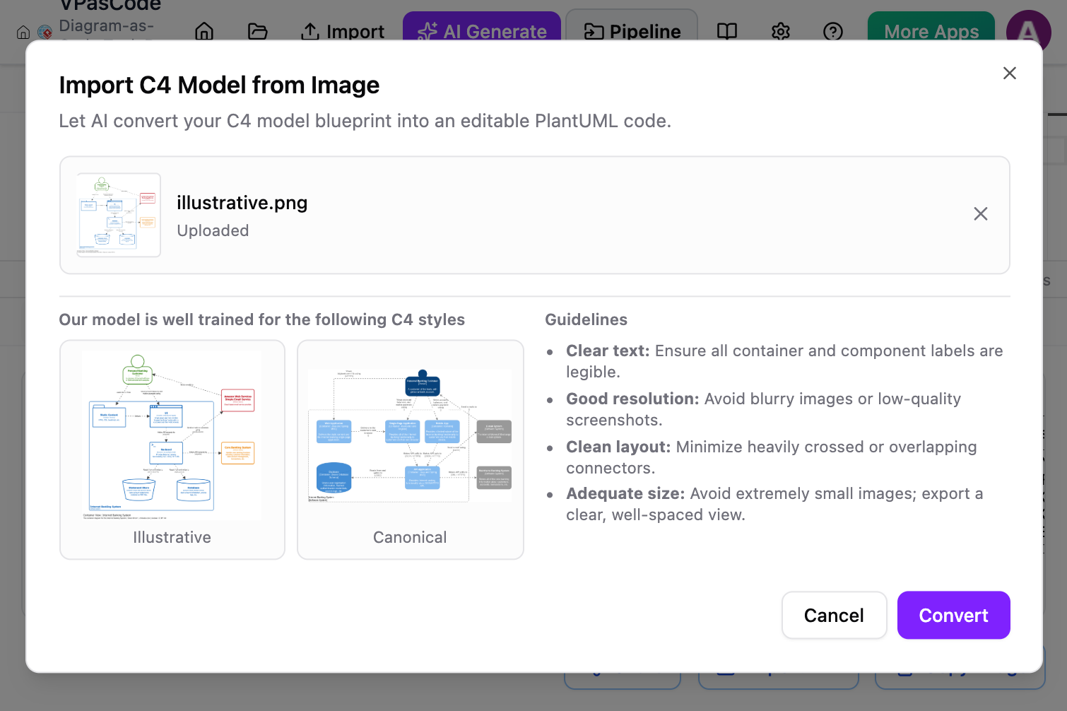 Uploading C4 model diagram image file into dialog box