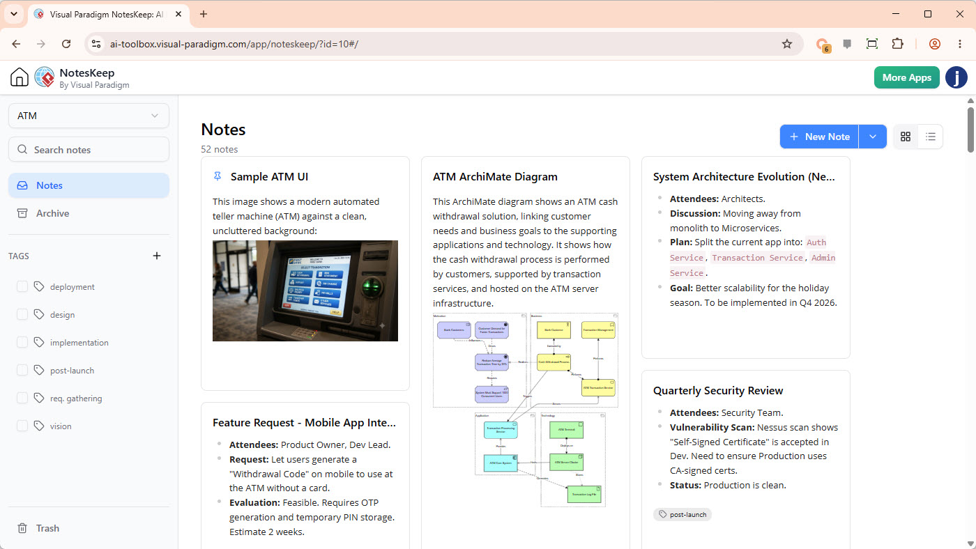 A screenshot of Visual Paradigm NotesKeep, showing a clean interface with tags and notes with text, embedded image and diagram.