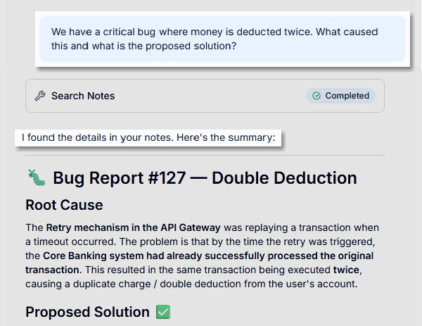 A screenshot of the Visual Paradigm's AI Diagramming Chatbot, showing a submitted prompt and AI finding answer from notes.