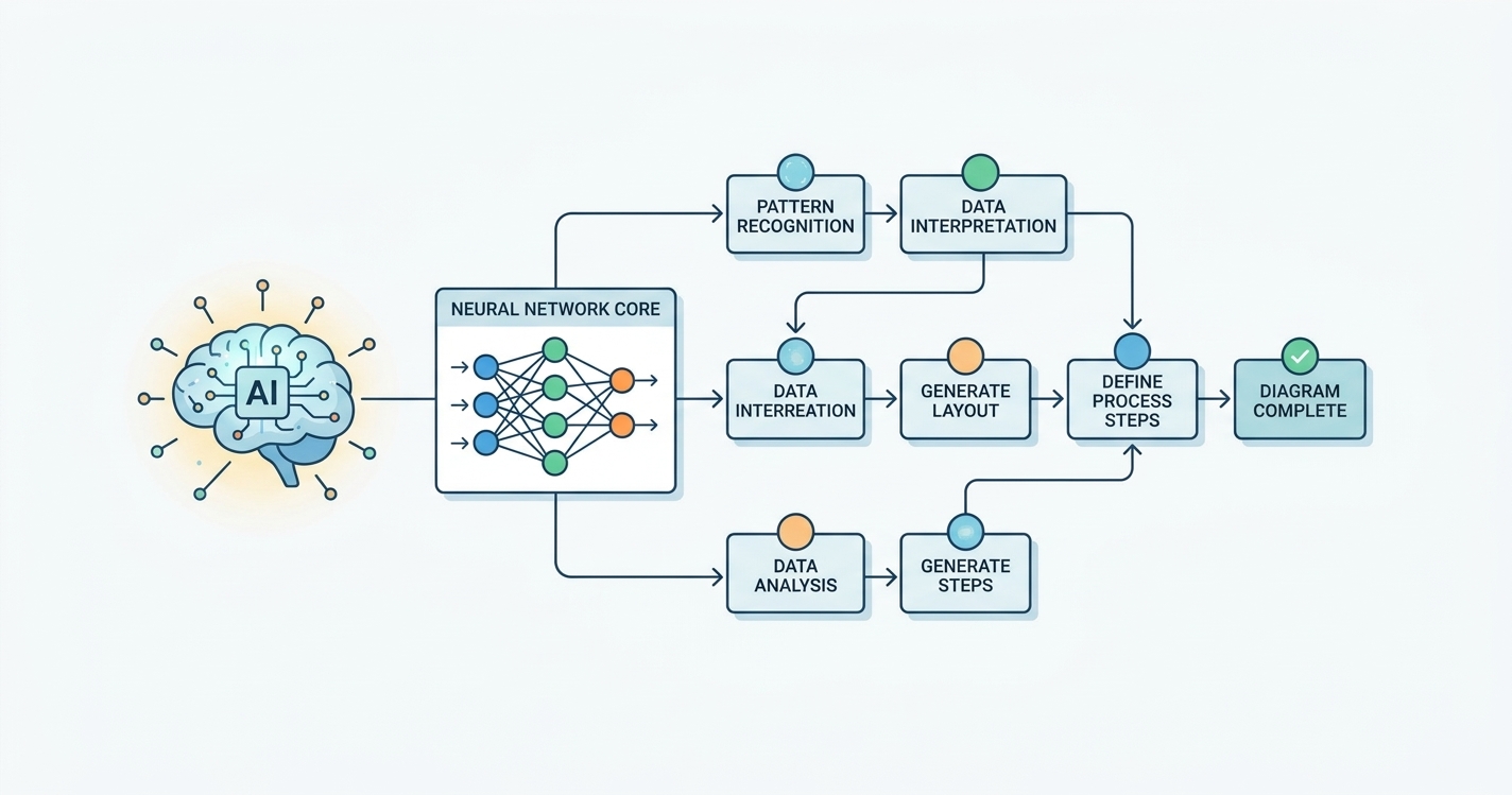 Illustration of an AI neural network core transforming data into structured flowcharts representing NotesKeep AI knowledge intelligence