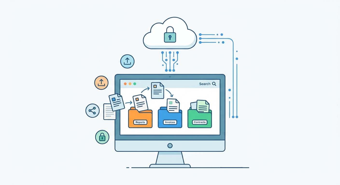 Illustration of multi-format document files organizing into project folders representing the NotesKeep DMS