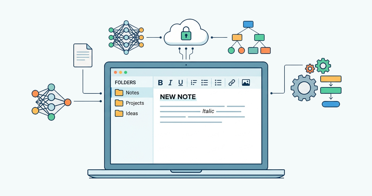 Illustration of a rich text editor toolbar and structured note sheet representing the NotesKeep note-taking tool