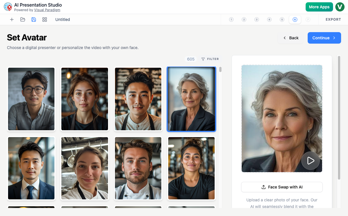 Choosing talking head narrator avatars.