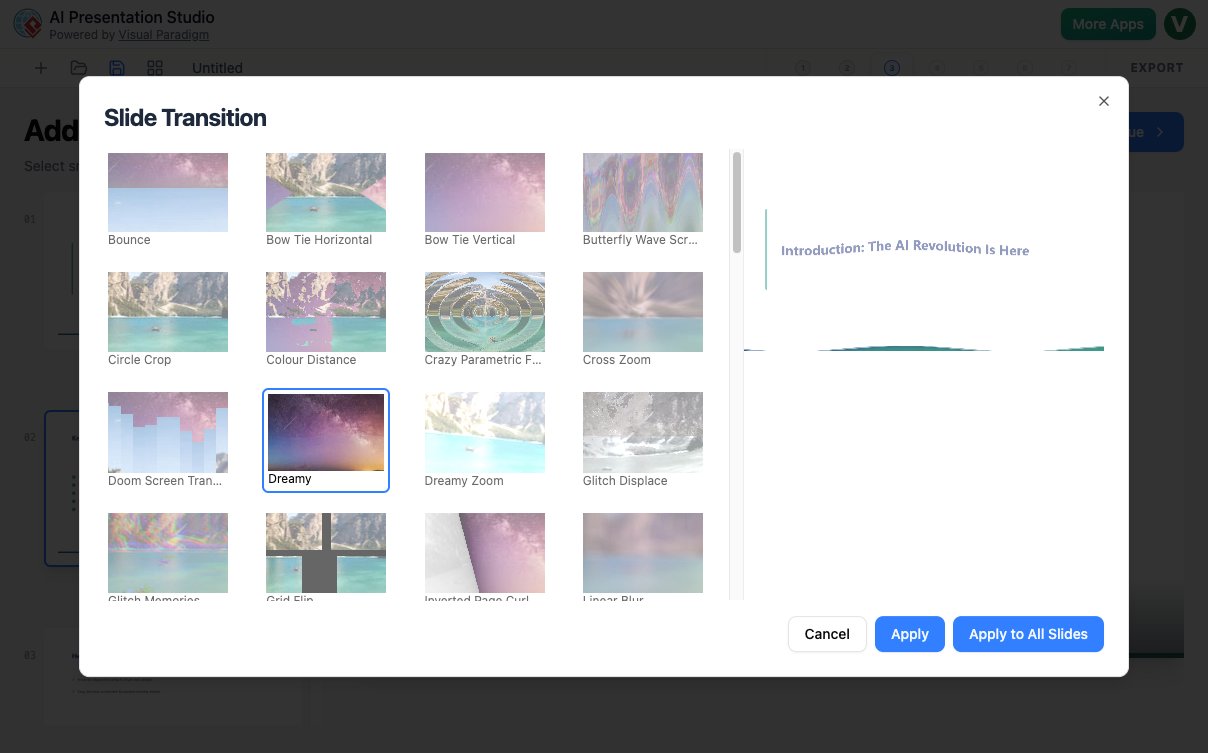 Setting slide transitions inside the visual editor.