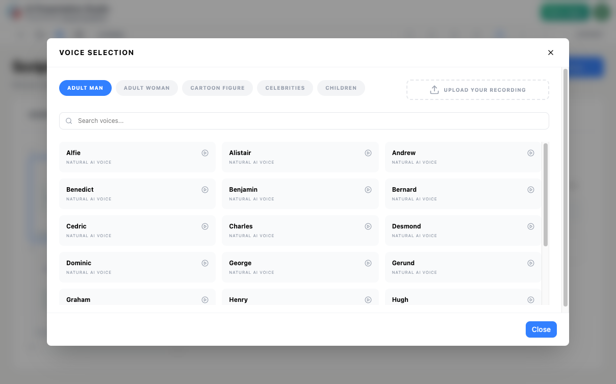 Selecting AI voice profiles for the video script.