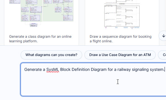 A user interacting with the AI SysML diagram tool's chat interface to generate a Block Definition Diagram from text.