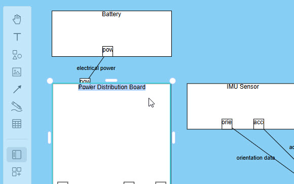 The VP Online editor showing a user making drag-and-drop adjustments to an AI-generated Internal Block Diagram.