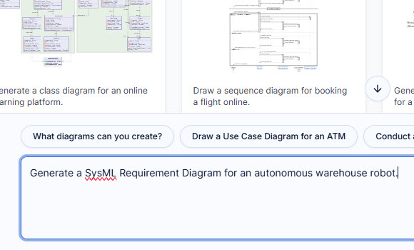 A user interacting with the AI requirement diagram tool's chat interface to generate a SysML diagram from text.