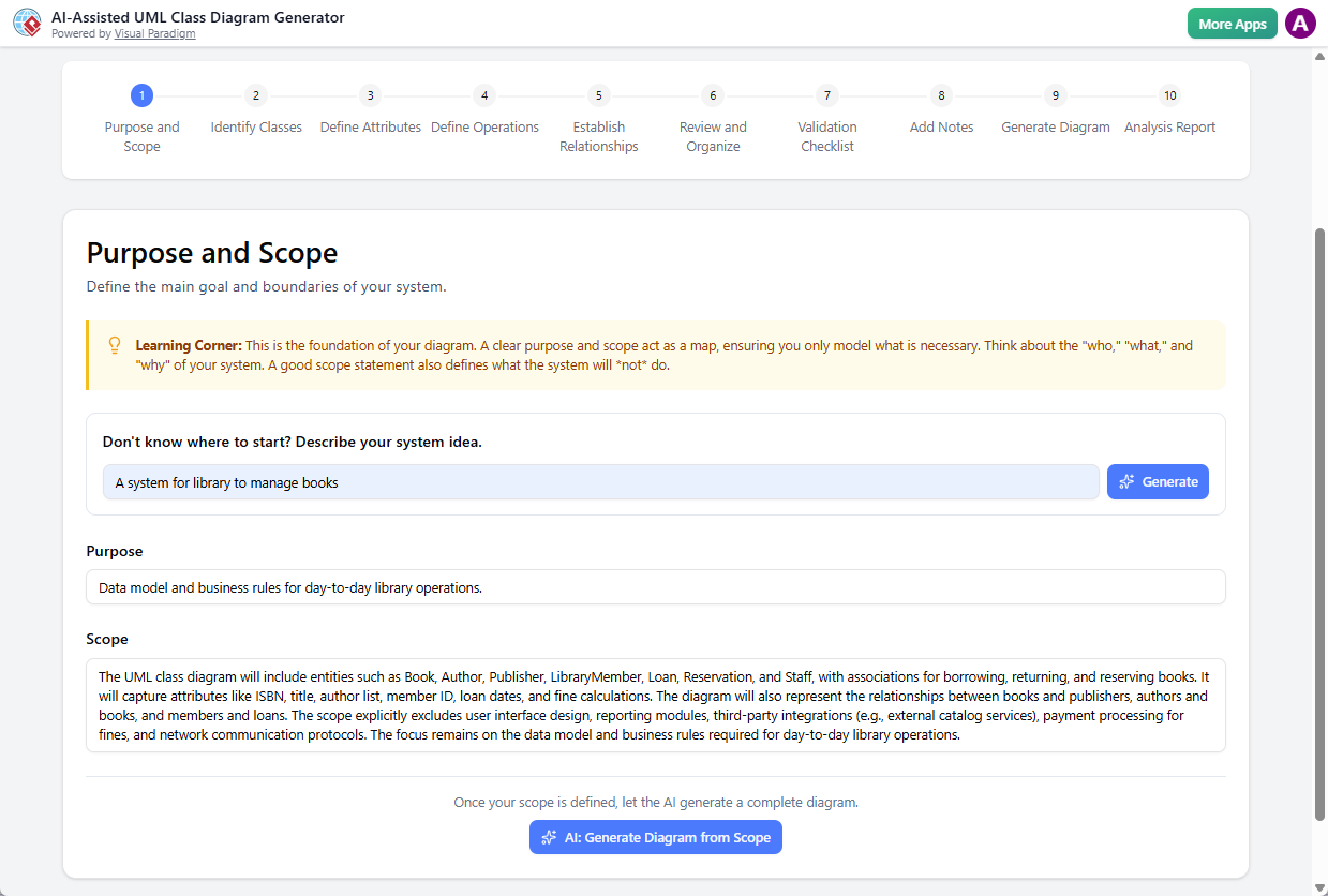 AI-Assisted UML Class Diagram Generator - Step 1: Purpose and Scope