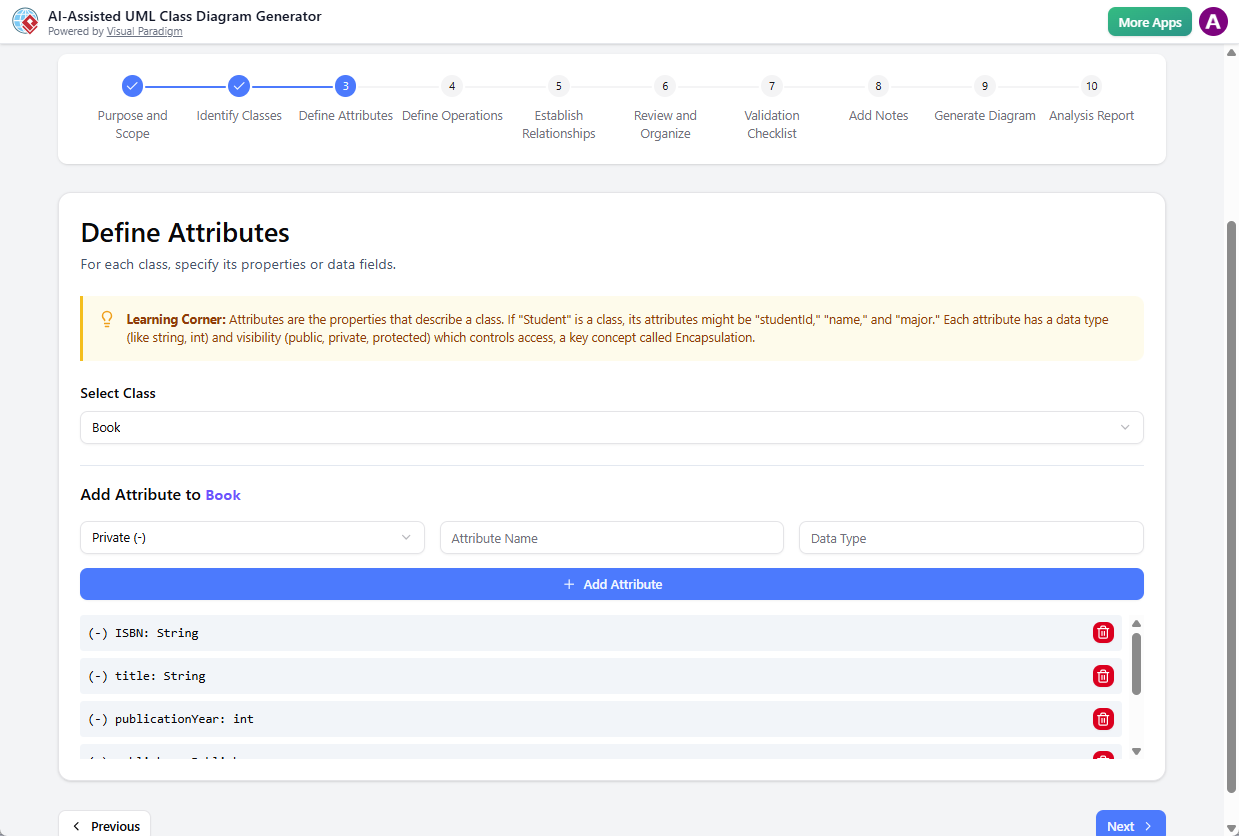 AI-Assisted UML Class Diagram Generator - Step 3: Define Attributes