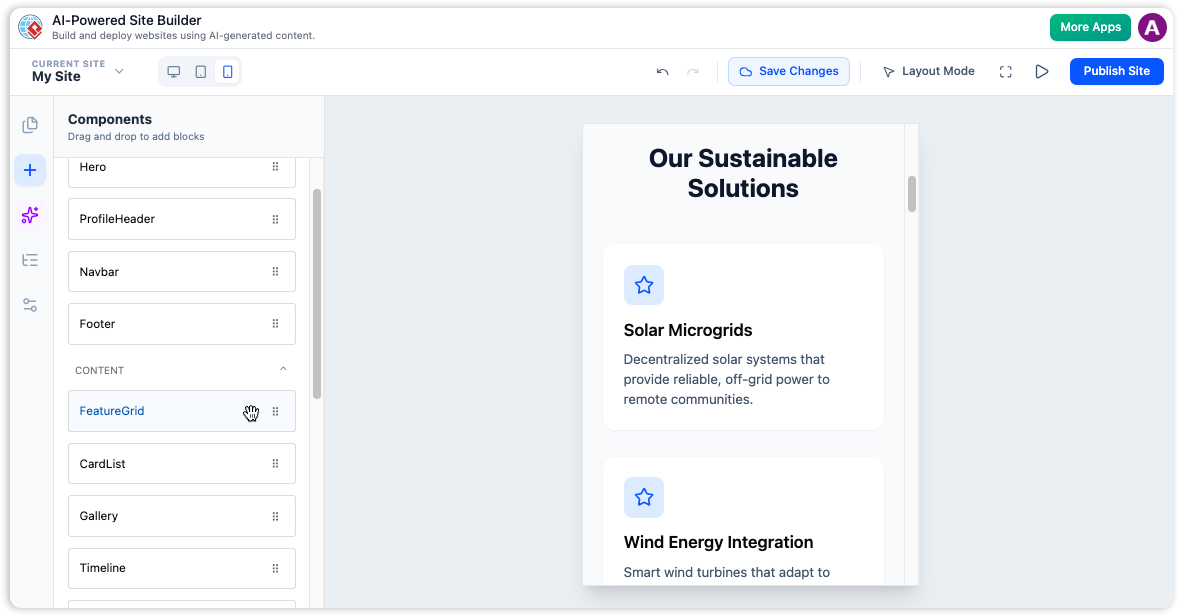 The AI Powered Site Builder block-based visual editor, showing a user dragging and dropping a component onto the page.