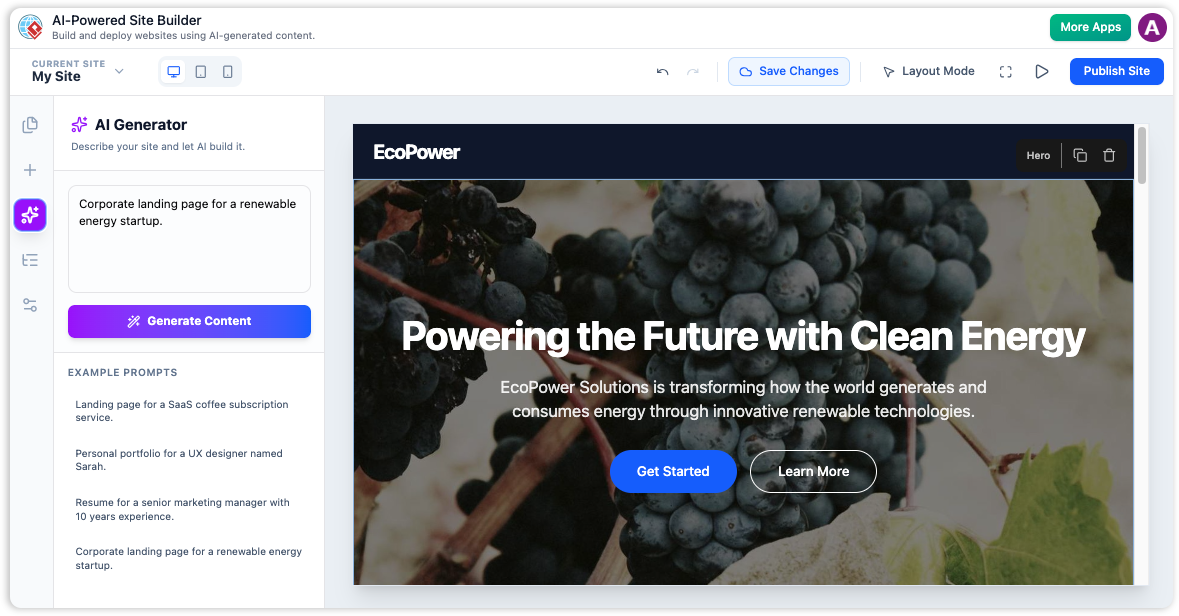 A demonstration of the AI Powered Site Builder feature, showing a text prompt being turned into a website design.