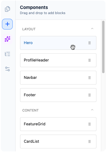 A user dragging and dropping a component into place using the visual editor. | AI Powered Site Builder