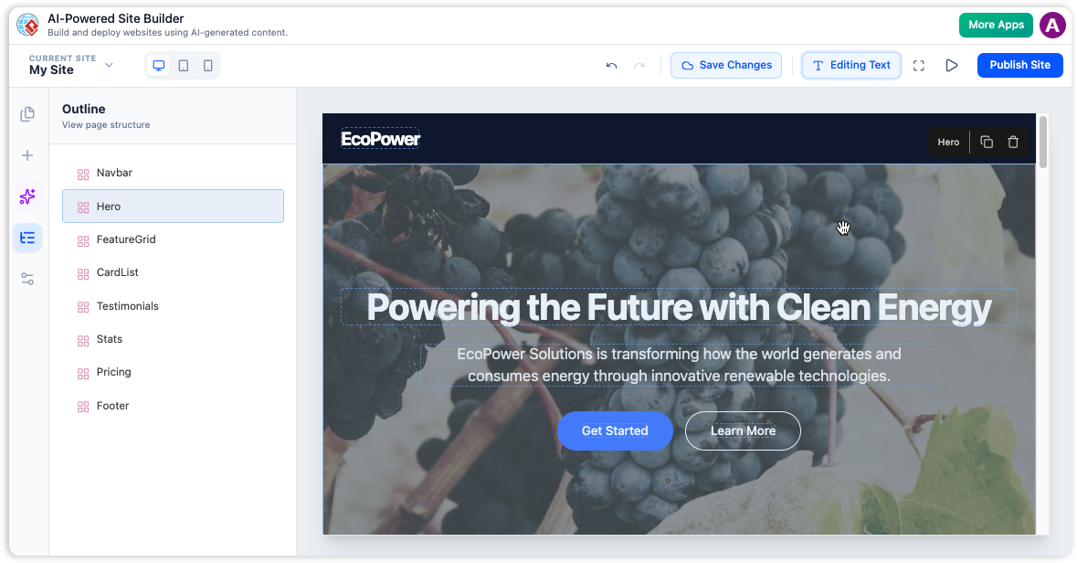 The AI Powered Site Builder live properties panel, showing options to customize a selected block's text and style.