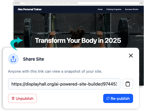 Publish and share link to direct accesss to the developed website. | AI Powered Site Builder