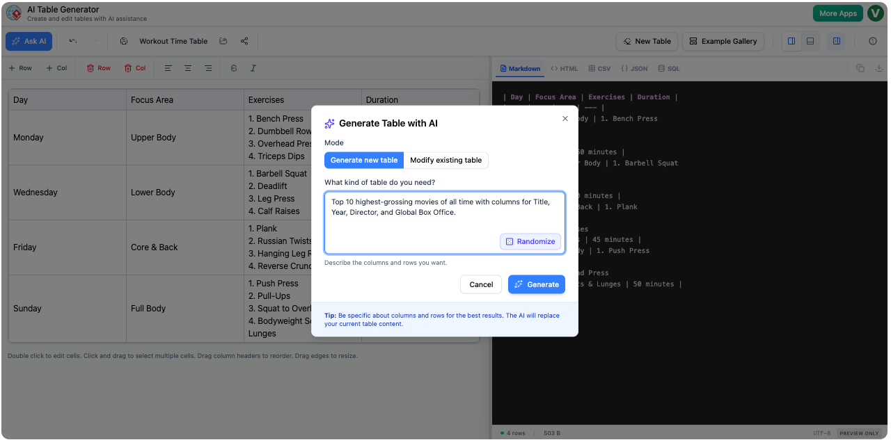 GenTables: AI-Powered Table Generator Content Generation