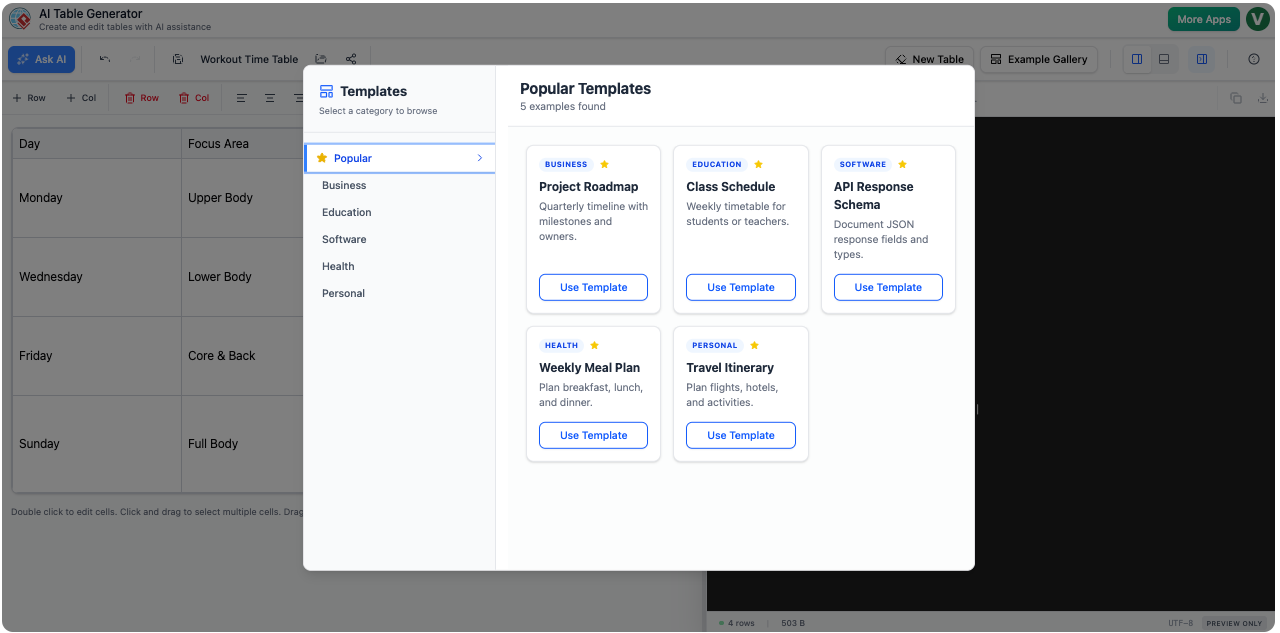 GenTables: AI-Powered Table Generator Templates