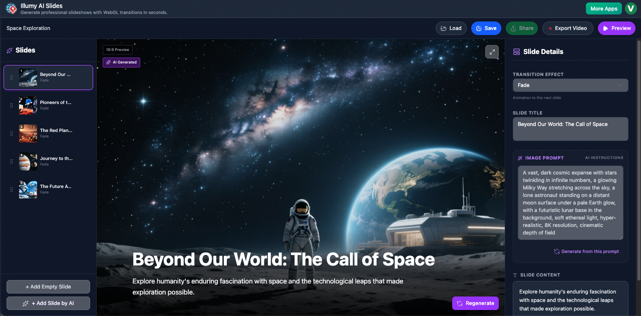Illumy AI Slides - AI generated video slideshow with broadcast-quality effects