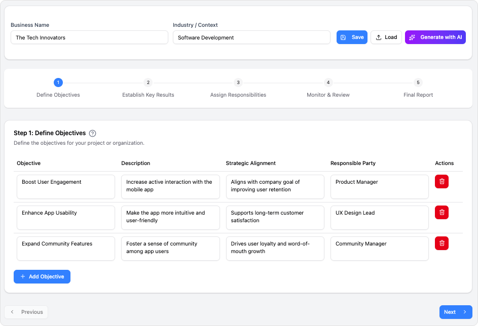 OKRs (Objectives and Key Results) Framework Tool