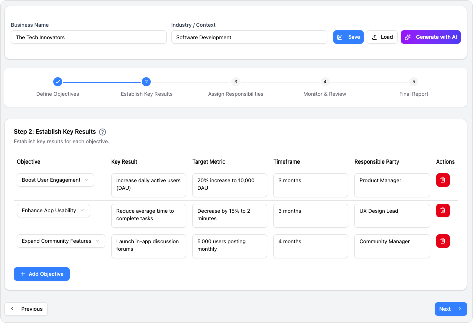 OKRs (Objectives and Key Results) Framework Tool