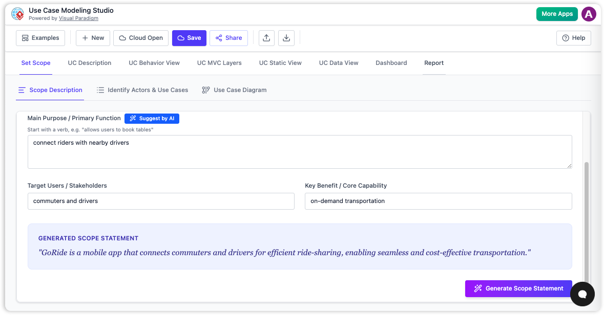 AI generating a detailed use case description from a simple goal.