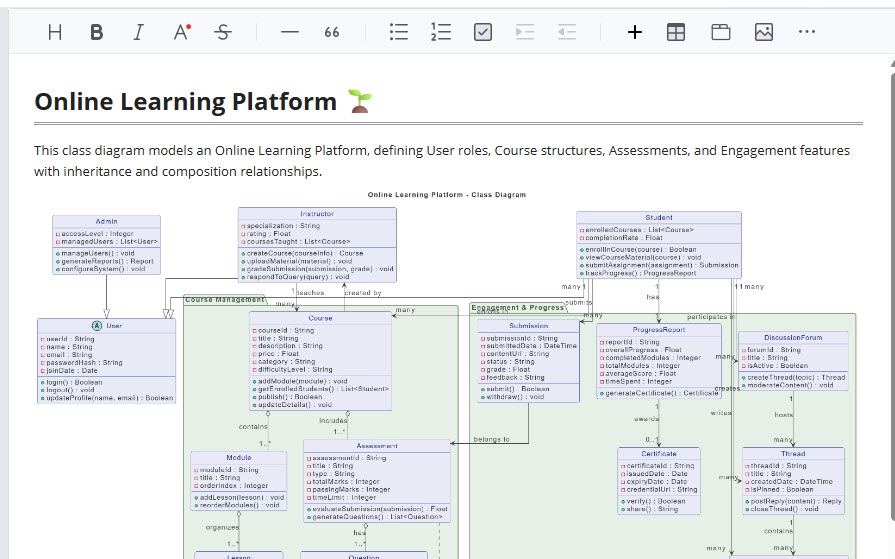 A class diagram in OpenDocs being used as a central data dictionary for a project.