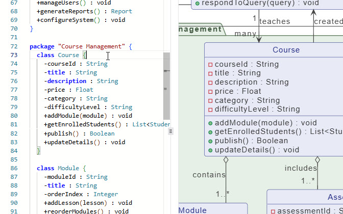 VPasCode editor showing a class diagram's textual representation managed in a version control system.