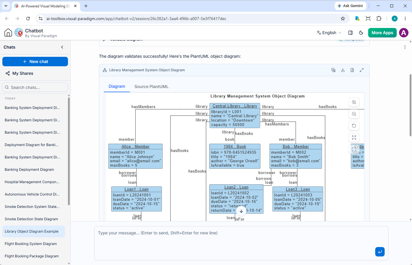 AI Chatbot generating a UML Object Diagram