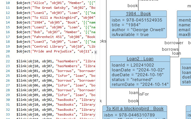 VPasCode editor showing an object diagram's textual representation for version control.