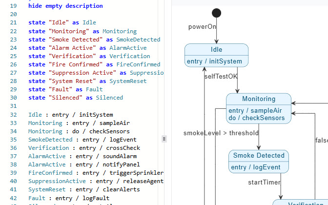 VPasCode editor showing a state machine diagram's textual representation for version control.