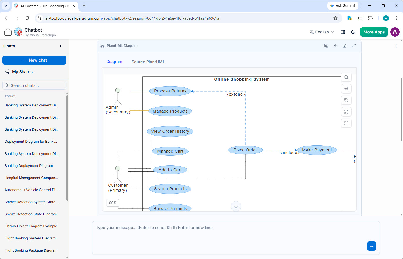 AI Chatbot generating a UML Use Case Diagram