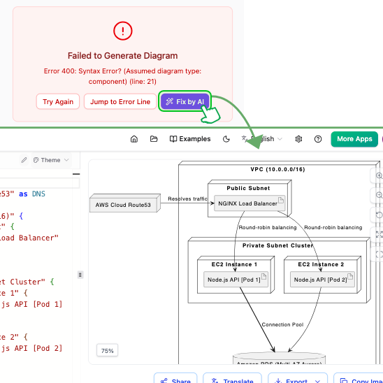 An example of the AI Code Error Fixing feature in VPasCode, showing a code editor with an error being automatically corrected and explained.