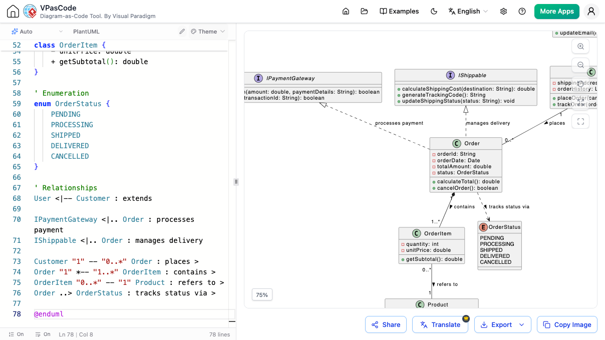 A PlantUML editor showing a class diagram being created side-by-side with the live rendered diagram.