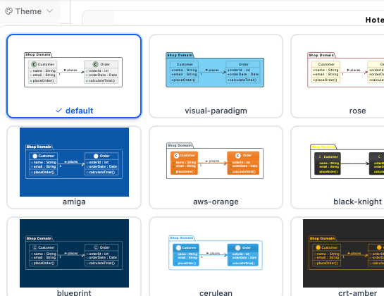 VPasCode editor showing the new PlantUML theme selection dropdown interface for quick styling changes.