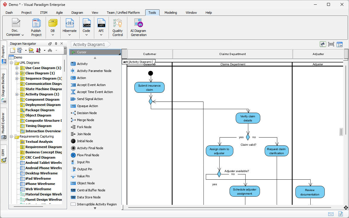 A UML Activity Diagram modeling Insurance Claim Processing, generated by Visual Paradigm Desktop AI.
