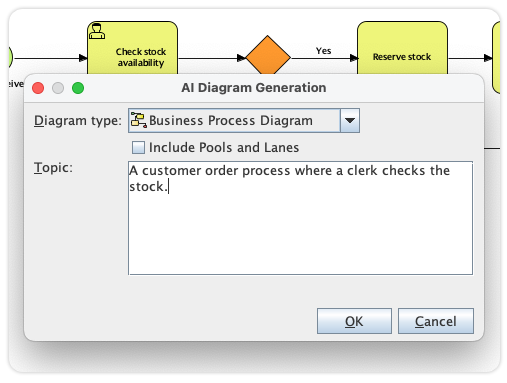 Visual Paradigm AI Diagram Generation window showing a prompt for an AI-powered Business Process Diagram of a customer order process.
