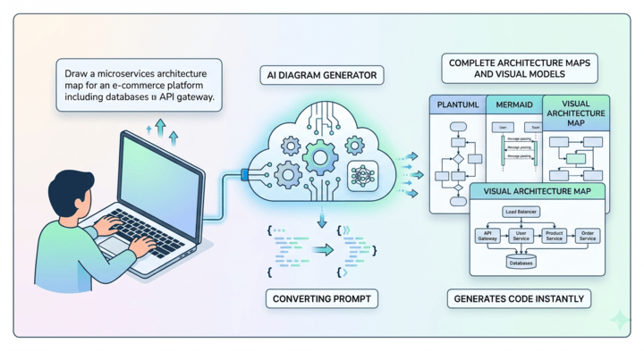 An illustration portraying AI diagram generation in VPasCode, featuring a text prompt box and an AI Generate button to create diagram-as-code models automatically.