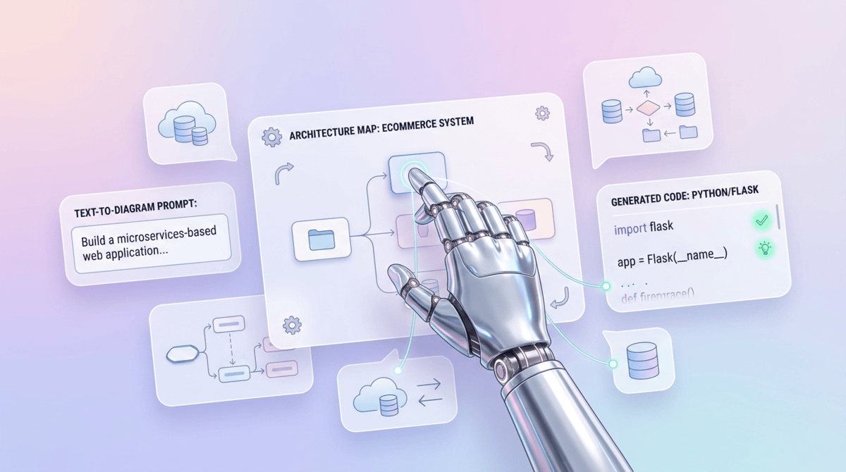 An illustration portraying AI diagram generation in VPasCode, featuring a text prompt box and an AI Generate button to create diagram-as-code models automatically.