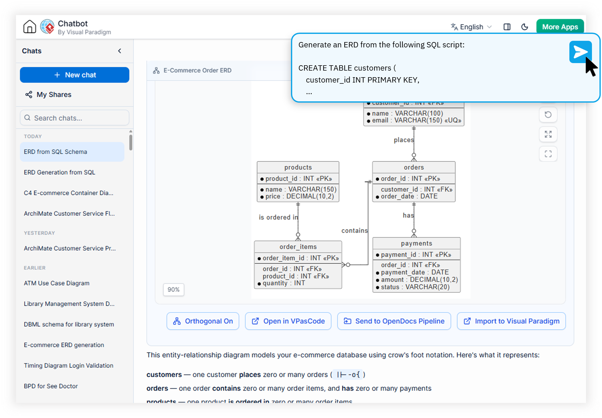 AI DBML to ERD Chatbot Interface showing SQL schema conversion to entity relationship diagram