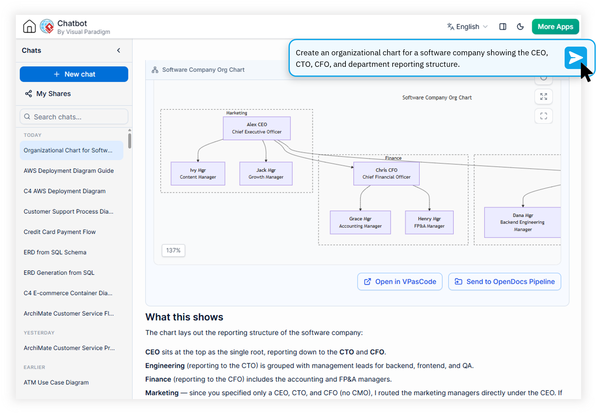 AI Diagramming Chatbot generating corporate org charts and RACI matrices for HR teams