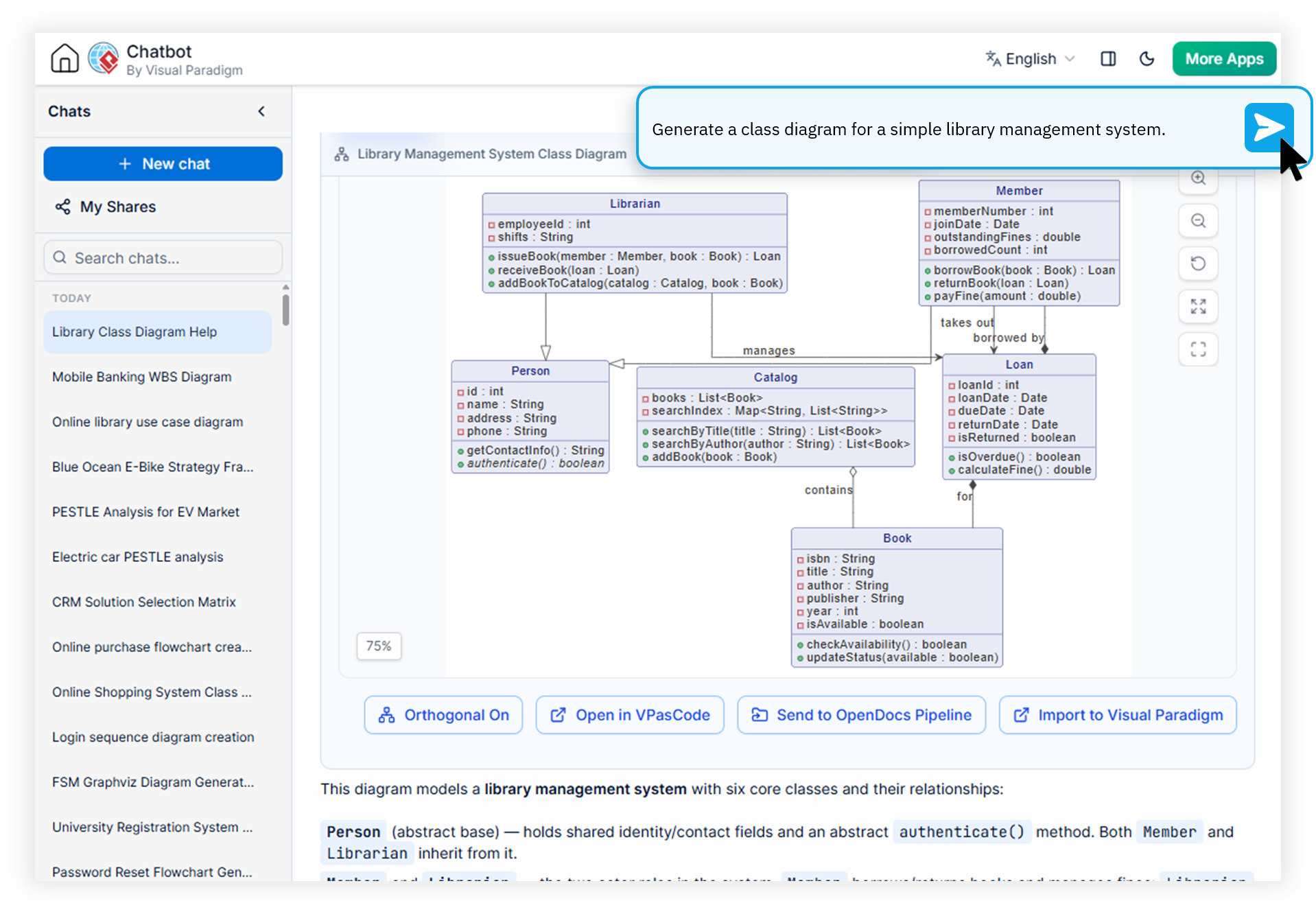 Visual Paradigm AI Diagramming Chatbot conversational interface generating accurate UML and PlantUML diagrams