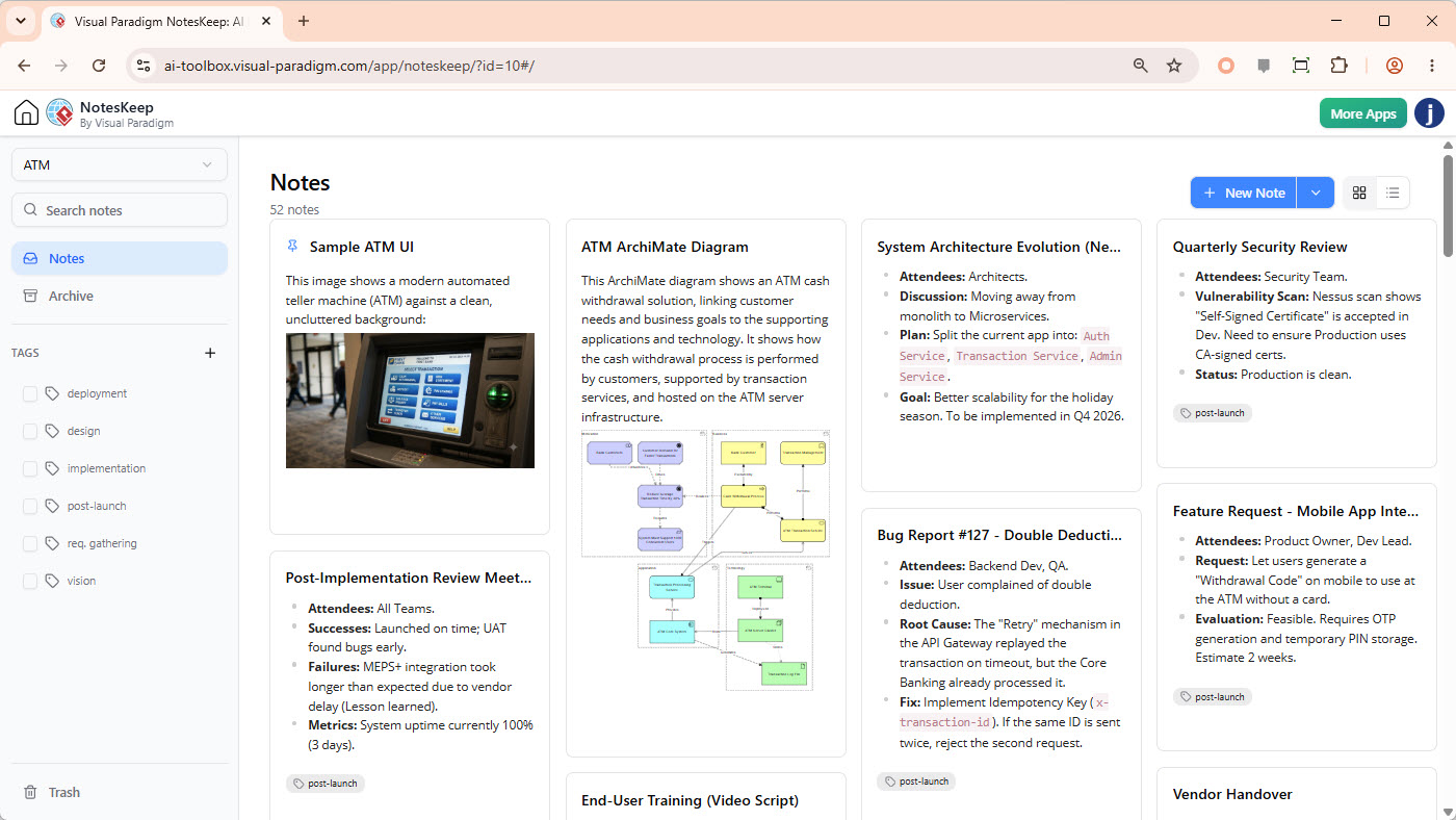 Visual Paradigm NotesKeep organizing projects, tags, and notes