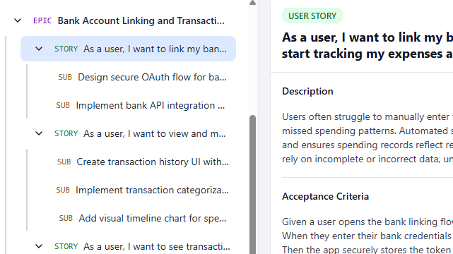AI Generated Backlog - Manage Epic, User Stories and more